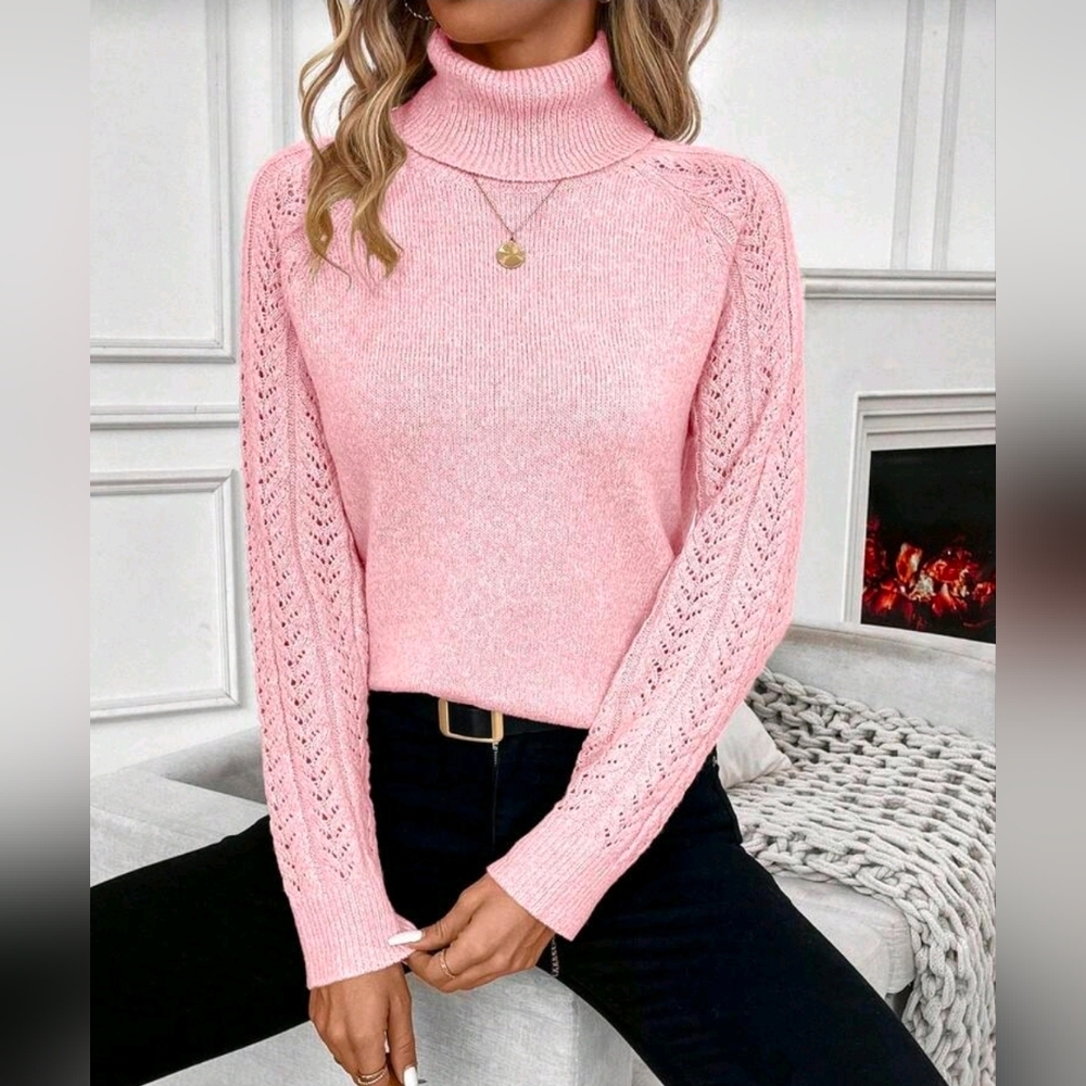 New Pointelle Knit Long Sleeve Turtleneck Sweater Top Pink